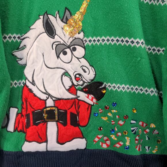 Jolly Sweaters Ugly Christmas Sweater Unicorn Santa Mens SZ XL Green Embroidered - Picture 9 of 13